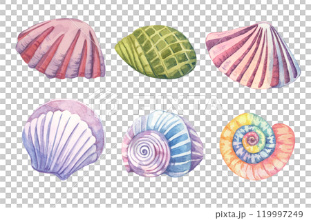 A set of watercolor shells in various colors and shapes. Underwater mollusk clipart bundle ideal for seamless pattern designs, kids' room decorations, or summer event flyers. Aquatic life collection 119997249