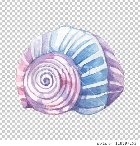 Spiral seashell in blue and lavender watercolor tones. Moon snail shell clipart. Marine life whimsical illustration works beautifully on notebook covers, fabric patterns, or any coastal decor product Spiral seashell in blue and lavender watercolor tones. Moon snail shell clipart. Marine life whimsical illustration works beautifully on notebook covers, fabric patterns, or any coastal decor product 119997253