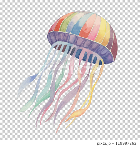 A vibrant jellyfish in pink, blue, and yellow. Rainbow aquatic creature watercolor clipart. Illustration for coastal-inspired merchandise, from T-shirts and tote bags to notebook covers and wall art A vibrant jellyfish in pink, blue, and yellow. Rainbow aquatic creature watercolor clipart. Illustration for coastal-inspired merchandise, from T-shirts and tote bags to notebook covers and wall art 119997262
