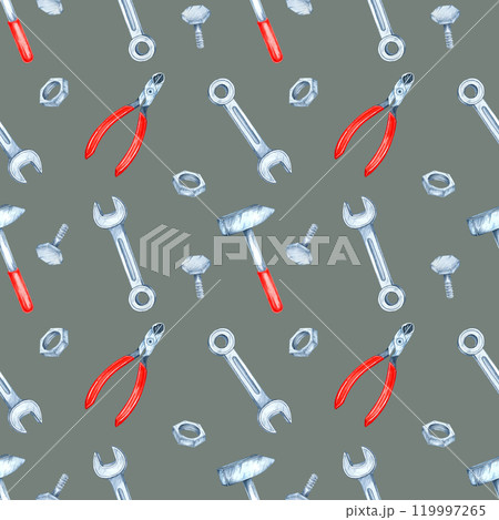 Green-gray background with watercolor wrenches and red pliers in a seamless pattern. Hardware tools clipart for gift wrap, apparel, or themed packaging with an industrial or DIY vibe 119997265
