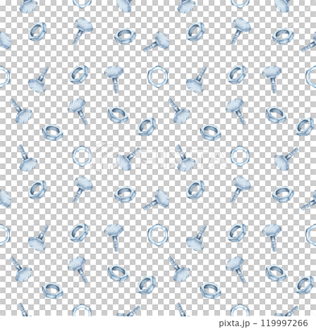 Watercolor nuts, bolts, and small screws in a soft blue-gray palette. Hardware tools, industrial essentials clipart. Seamless pattern for backgrounds on stationery, packaging, or decor items Watercolor nuts, bolts, and small screws in a soft blue-gray palette. Hardware tools, industrial essentials clipart. Seamless pattern for backgrounds on stationery, packaging, or decor items 119997266