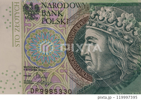 Macro shot of one hundred polish zloty banknote Macro shot of one hundred polish zloty banknote 119997395