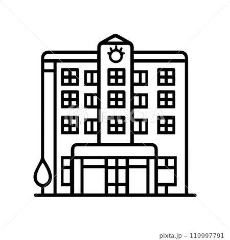 hotel icon or modern line symbol. Vector line art and icon design with bold outline. Black and white Pixel Perfect minimalistic symbol isolated white background. Silhouette simple thin sign hotel icon or modern line symbol. Vector line art and icon design with bold outline. Black and white Pixel Perfect minimalistic symbol isolated white background. Silhouette simple thin sign 119997791