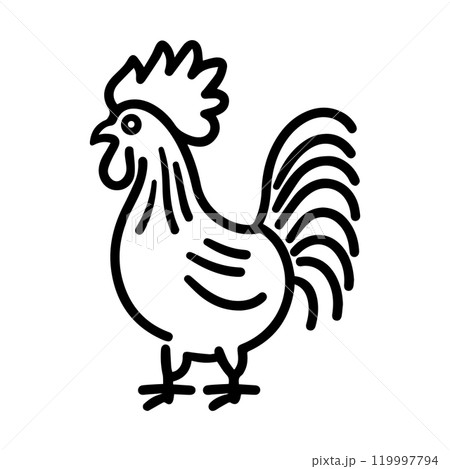 rooster icon or modern line symbol. Vector line art and icon design with bold outline. Black and white Pixel Perfect minimalistic symbol isolated white background. Silhouette simple thin sign rooster icon or modern line symbol. Vector line art and icon design with bold outline. Black and white Pixel Perfect minimalistic symbol isolated white background. Silhouette simple thin sign 119997794