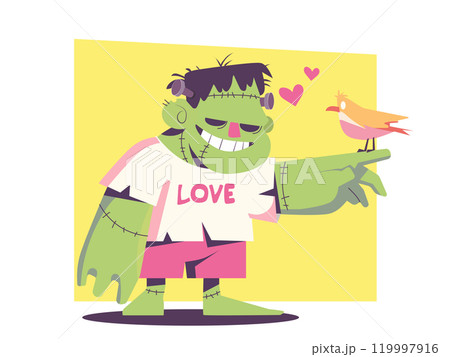 Vector illustration of monster wearing pink shorts and white shirt with LOVE text written on it, holding his hand out to birds that he is smiling. Cute and cheerful monster 119997916