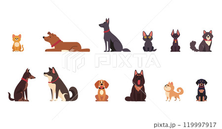 Set vector illustration cats and dogs in different poses. Isolated icons cartoon characters at different age pets. Set vector illustration cats and dogs in different poses. Isolated icons cartoon characters at different age pets. 119997917