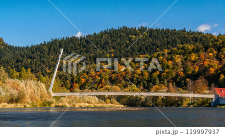 Scenic Mountain Landscape as seen from the raft traveling along Dunajec river gorge 119997937