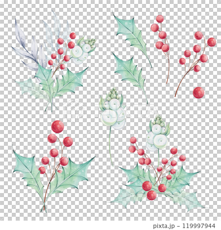 Christmas set of watercolor bouquets with holly green leaves and red berries in vintage style. Winter composition, decor in retro style. Illustration hand drawn for design, printing, greeting cards Christmas set of watercolor bouquets with holly green leaves and red berries in vintage style. Winter composition, decor in retro style. Illustration hand drawn for design, printing, greeting cards 119997944