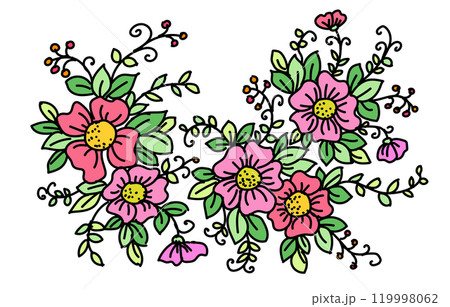 Colored art drawing floral decoration invitation. Black ink hand drawn on white background. Botanical style coloring picture. Wedding fashion print vector illustration 119998062