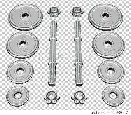 Parts of cast iron chrome Adjustable Dumbbel, rod handle, weight plates, spin lock collars isolated on white background. 3D illustration 119998097