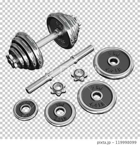 Chrome Adjustable Dumbbel and one taken apart with rod handle, weight plates and locks isolated on white background. 3D illustration 119998099