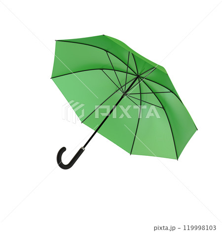 Open green umbrella with black handle lying on a side or flying away, isolated on white background. 3D illustration Open green umbrella with black handle lying on a side or flying away, isolated on white background. 3D illustration 119998103