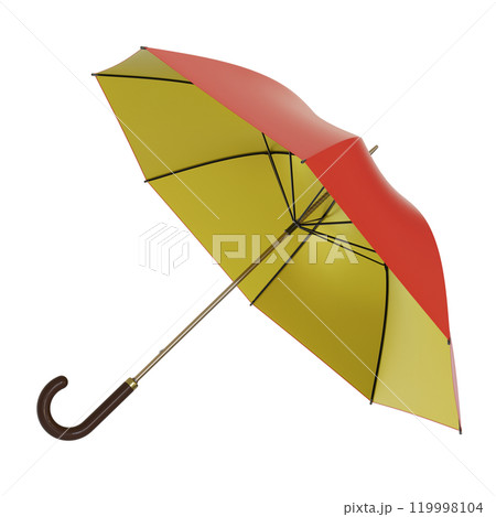 Open red and golden yellow umbrella with black handle lying on a side or flying away, isolated on white background. 3D illustration Open red and golden yellow umbrella with black handle lying on a side or flying away, isolated on white background. 3D illustration 119998104