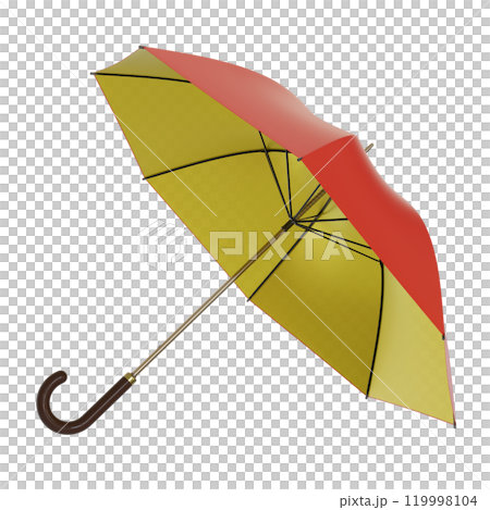 Open red and golden yellow umbrella with black handle lying on a side or flying away, isolated on white background. 3D illustration 119998104