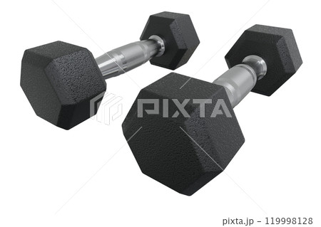 Blank Two Hex Dumbbells, weightlifting gym equipment, isolated on white background. 3D illustration 119998128