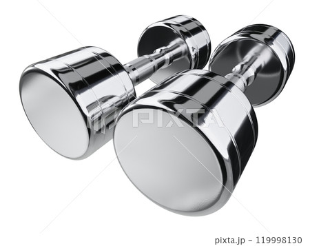 Two blank Round Dumbbells, chrome weightlifting gym equipment wide angle view, isolated on white background. 3D illustration Two blank Round Dumbbells, chrome weightlifting gym equipment wide angle view, isolated on white background. 3D illustration 119998130