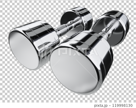 Two blank Round Dumbbells, chrome weightlifting gym equipment wide angle view, isolated on white background. 3D illustration 119998130