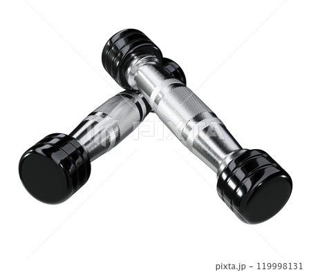 Two blank Round Dumbbells, black weightlifting gym equipment top view, isolated on white background. 3D illustration Two blank Round Dumbbells, black weightlifting gym equipment top view, isolated on white background. 3D illustration 119998131