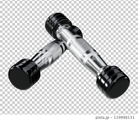 Two blank Round Dumbbells, black weightlifting gym equipment top view, isolated on white background. 3D illustration Two blank Round Dumbbells, black weightlifting gym equipment top view, isolated on white background. 3D illustration 119998131
