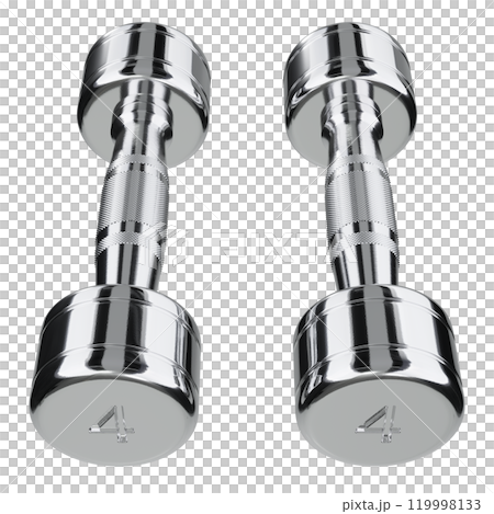 Two blank Round Dumbbells with number 4, chrome weightlifting gym equipment, isolated on white background. 3D illustration Two blank Round Dumbbells with number 4, chrome weightlifting gym equipment, isolated on white background. 3D illustration 119998133