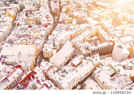 Aerial View of Tallinn in winter, roofs are covered with snow, Christmas mood 119998339