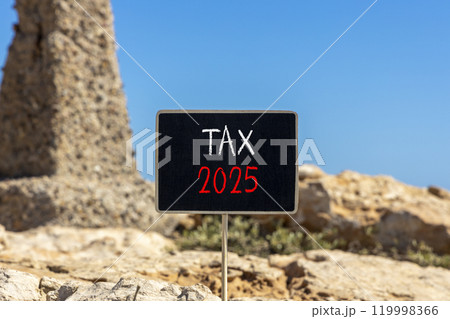 Planning tax 2025 new year symbol. Concept words Tax 2025 on beautiful yellow chalk blackboard. Beautiful stone beach blue sky background. Business tax 2025 new year concept. Copy space. Planning tax 2025 new year symbol. Concept words Tax 2025 on beautiful yellow chalk blackboard. Beautiful stone beach blue sky background. Business tax 2025 new year concept. Copy space. 119998366