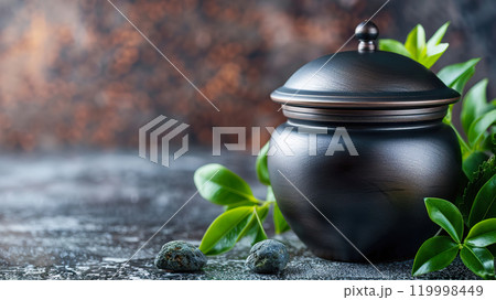 Elegant dark cremation urn with greenery and stones on a reflective surface. 119998449