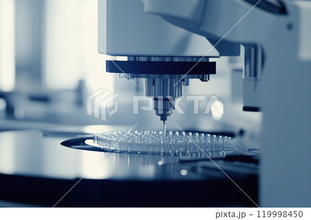 Modern laboratory microscope analyzing samples in scientific research facility. 119998450