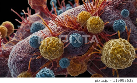 Dynamically invading microbial infection, cancer cells, or bacteria in tissue avoiding immune system, and consume delicate tissues. Vivid microscopic illustration of a disease mechanism. AI-generated. 119998638