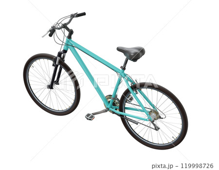 Blue teal bicycle, side top view. Black leather saddle and handles. Png clipart isolated on transparent background 119998726