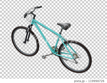 Blue teal bicycle, side top view. Black leather saddle and handles. Png clipart isolated on transparent background 119998726