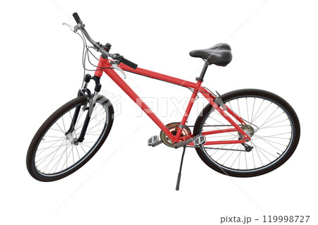 Red bicycle standing while leaning on kickstand, side view. Bike resting on kick stand isolated on white background, 3D illustration 119998727