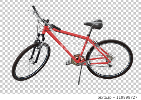 Red bicycle standing while leaning on kickstand, side view. Bike resting on kick stand isolated on white background, 3D illustration 119998727