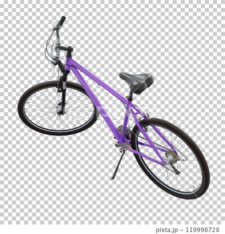 Purple bicycle standing while leaning on kickstand, front side view. Bike resting on kick stand isolated on white background, 3D illustration 119998728
