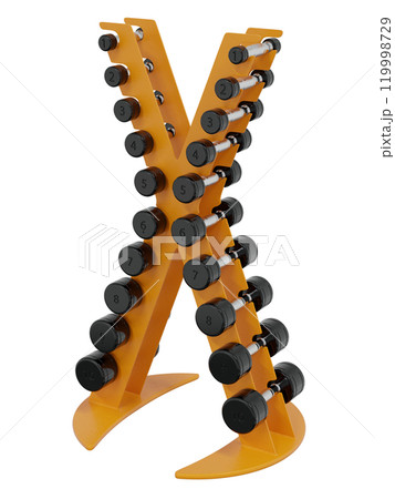 Gym Dumbbell rack, a stand for weightlifting gym equipment with different size and weight dumbbells, isolated on white background. 3D illustration 119998729