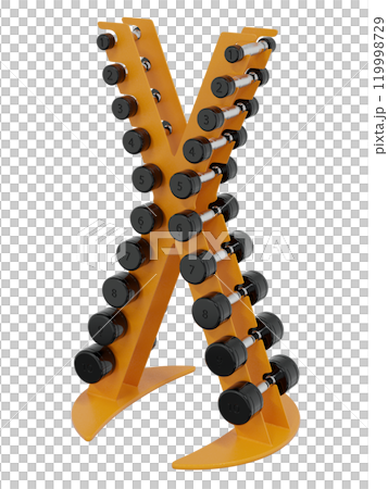 Gym Dumbbell rack, a stand for weightlifting gym equipment with different size and weight dumbbells, isolated on white background. 3D illustration 119998729