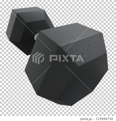 Blank Hex Dumbbell, weightlifting gym equipment, wide angle view, isolated on white background. 3D illustration 119998730