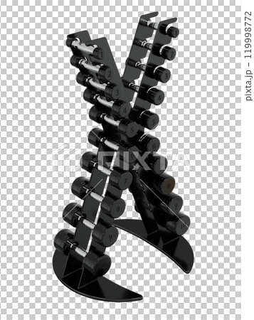 Gym Dumbbell rack, a stand for weightlifting gym equipment with different size and weight dumbbells, isolated on white background. 3D illustration 119998772