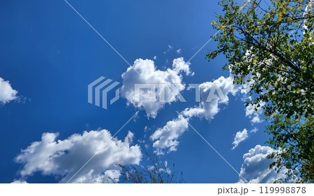 On a bright sunny day, the blue sky with a heart-shaped cloud 119998878