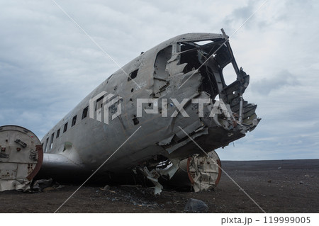 Solheimasandur plane wreck view. South Iceland landmark Solheimasandur plane wreck view. South Iceland landmark 119999005