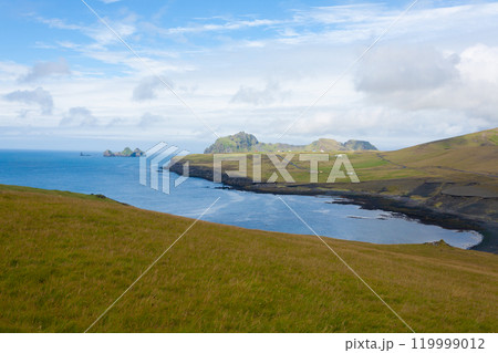 Vestmannaeyjar island beach day view, Iceland landscape. 119999012
