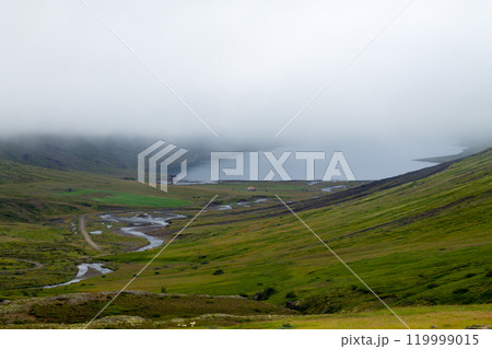 Mjoifjordur rural landscape, east Iceland. Icelandic panorama 119999015