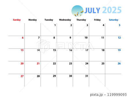 2025年カレンダー、7月 2025年カレンダー、7月 119999093