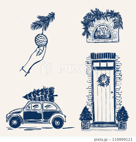 Vector set of Christmas decor with vintage car, ball, door and fireplace. Hand-drawn vintage compositions isolated on beige background. Illustration for design, print, fabric or background. 119999121