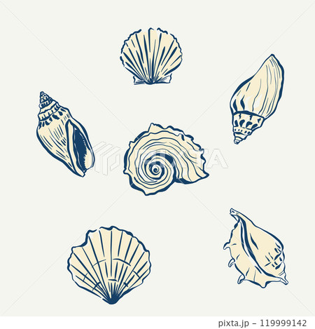 Vector seashell doodles. Hand-drawn oysters and shells isolated on beige background. Tasty food for design, print, fabric or background. 119999142