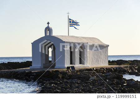 Saint Nicholas chapel of Georgioupoli, Crete island, Greece, dawn on a sunny summer day 119999151