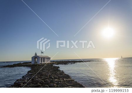 Saint Nicholas chapel of Georgioupoli, Crete island, Greece, dawn on a sunny summer day 119999153