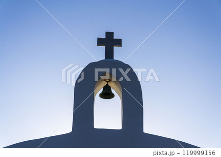 Saint Nicholas chapel of Georgioupoli, Crete island, Greece, dawn on a sunny summer day 119999156