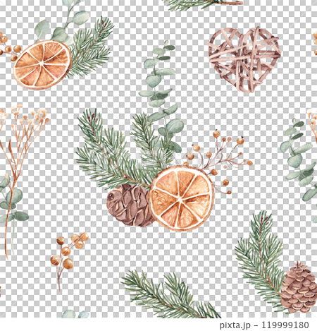 Christmas Seamless Pattern with Winter Plants, Dried Orange slices and Christmas Toy, Wicker Heart made of rattan. Hand drawn Watercolor Illustration of forest Pine branches and cones and Eucalyptus 119999180