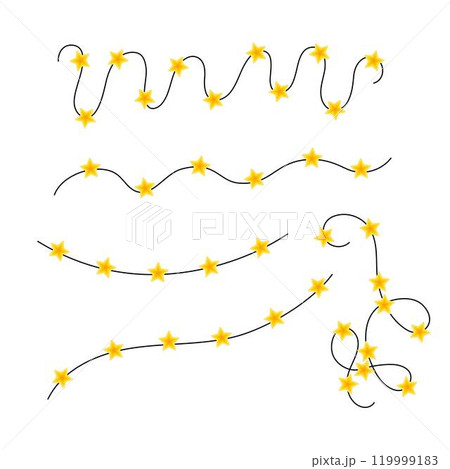 Bright yellow star lights garlands set on a curly string, drawn in a doodle vector style. Ideal for Christmas, New Year, or birthday event designs in flat, colorful, and festive style 119999183